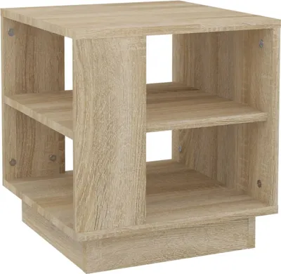 A light brown wooden cube-shaped side table with two shelves, shown from a slightly angled front view against a white background.