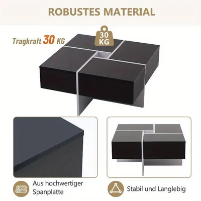 Image de Table basse 70x70x35 cm – Table basse avec 4 tiroirs – Structure en métal noir et blanc brillant