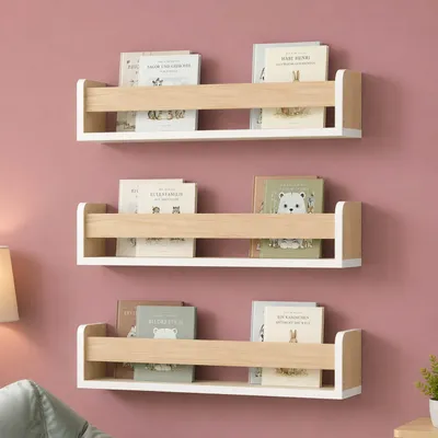 Produktbild von Relaxdays Kinderregal 3er Set, Bücherregal für Kinder, Wandmontage, HxBxT: 10 x 58 x 12 cm, Regal hängend, weiß/natur