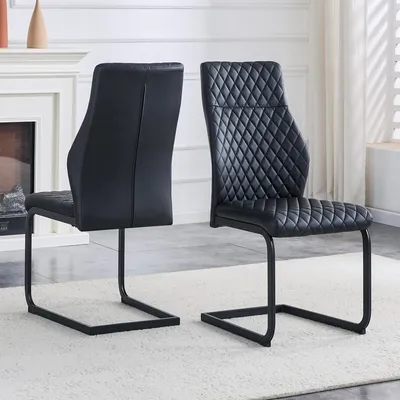 Image de Lot de 2 chaises de salle à manger, revêtement enPolyuréthanenoir à motif losange, pieds en métal noir, dossier haut, 100 cm