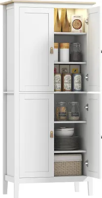 Image de Armoire de cuisine haute - Armoire de rangement - LED avec détecteur de mouvement - Éclairage en 3 couleurs - 4 portes - Étagères réglables - MDF - Blanc
