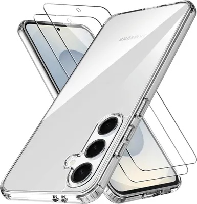 A clear phone case and screen protectors are displayed against a white background.