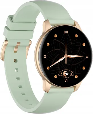A close-up studio shot of a smartwatch with a light green band and a gold casing.