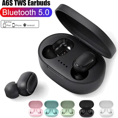 A product image showcasing A6S TWS earbuds in a charging case, with multiple color options displayed below. Text overlays highlight features and compatibility.