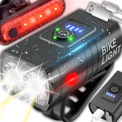Obrázek produktu pro Sada světel na kolo, přední a zadní světlo, 500 lumenů, nabíjení přes USB, vodotěsné (IPX45), 6 režimů, baterie 900mAh, osvětlení kola Retoo