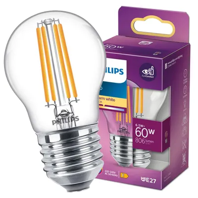 Produktbild von Philips Filament-Kerzenlampe, P45 E27, transparent, 60 W, 6,5 W, 60 W, E27, 806 lm, 15000 h, Warmweiß