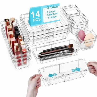 Schubladen-Organizer-Set, 14-teilig, ausziehbar, 3 Größen, transparent
