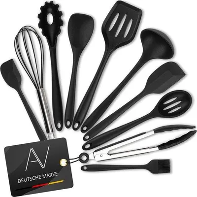 Image de Ensemble de 10 ustensiles de cuisine en silicone Unyqoos®, résistants à la chaleur, sans BPA et s LFGB : pinceau de pâtisserie, pince de cuisine, fouet, louche à soupe, louche à pâtes, spatule, écumoire, couleur noire