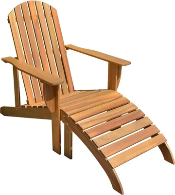 A wooden Adirondack chair with a matching ottoman, presented against a white background.
