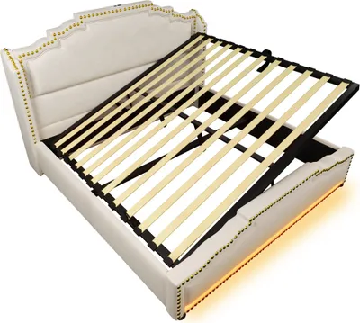 Produktbild von Polsterbett 140x200 cm Ohne Matratze Doppelbett Beige Samt Mit Hydraulischem Stauraum LED Beleuchtung USB-C Ladeanschluss Jugendbett Lattenrost