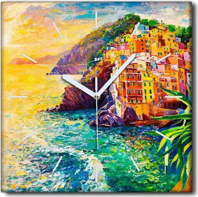 Produktbild von Coloray Uhr auf Leinwand 30x30 cm Wand Uhr Dekoration Wohnzimmer Segeltuch weiße Zeiger -Seelandschaftsdorf.