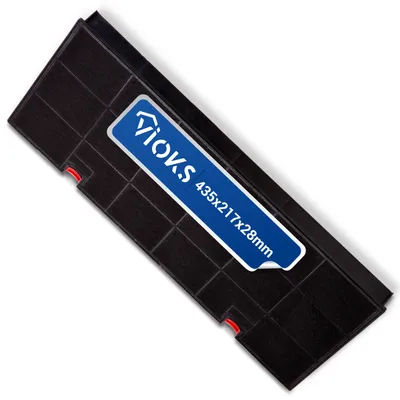 A black activated carbon filter for a cooker hood, with a blue label showing brand and dimensions.