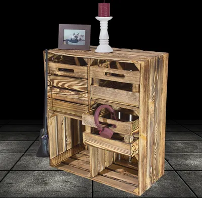 Produktbild von Geflammter Hochschrank + 3 Schubladen 77x68x35cm aus Obstkisten Weinkisten