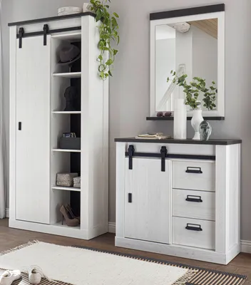 Produktbild von Garderoben Set 3-teilig "Stove" weiß Pinie anthrazit Flurgarderobe 206 x 201 cm