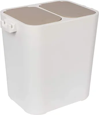 A white dual-compartment trash can with beige lids.