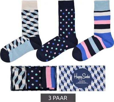 Produktbild von 3 Paar Happy Socks Filled Optic Baumwoll-Socken gemusterte Alltags-Strümpfe in Geschenk-Box SXFIO08-1301 Bunt, Größe:41-46