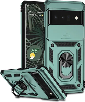A teal Google Pixel 6 Pro phone case with a sliding camera cover and a ring holder is shown from multiple angles.