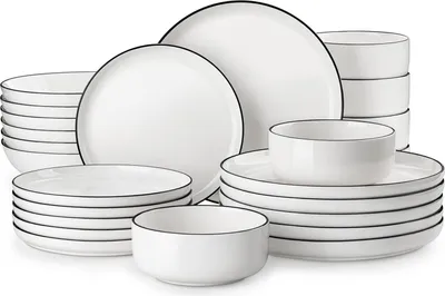 Obrázok produktu pre 24-dielna porcelánová jedálenská súprava riadu biela s čiernym okrajom