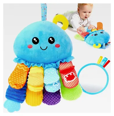 Produktbild von 2 in 1 Oktopus Baby Sensorik Spielzeug mit Rassel, Spiegel und Beißring, Montessori Greifling ab 0-6 Monaten, Geschenk für Neugeborene, Spielzeug für Bauchlage, Tummy Time Toys, Jungen und Mädchen