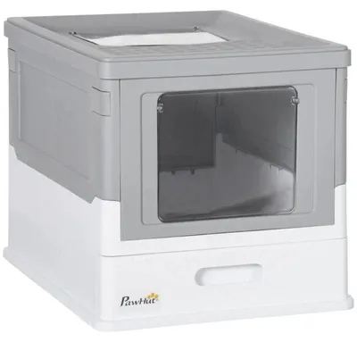 Imagen del producto de Arenero para gatos con apertura superior y paleta incluida. Color: blanco y gris. Dimensiones: 35,5 x 47,5 x 36,7 cm