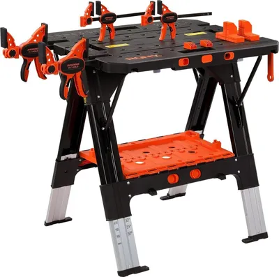 Produktbild von Klappbare Werkbank mit Schraubzwingen & Sägebock bis 454kg, 79x63,5x89cm