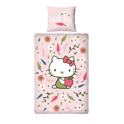 A Hello Kitty duvet cover and pillowcase set with a floral and leaf pattern.