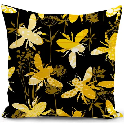 Productafbeelding van Kussensloop, 40 x 40 cm, met bijenmotief, zwart en geel, decoratief kussen, sofa kussen, sierkussen.