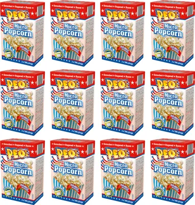 Obrázok produktu pre Popcorn do mikrovlnnej rúry PEO s cukrom 12 krabíc s 3 x 100 g vreckami v hodnotnom balení