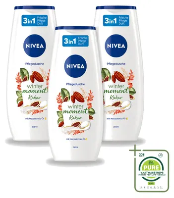 Imagen del producto de 3 unidades de gel de ducha NIVEA Winter Moment, aroma a cacao, 250 ml cada uno. Pack grande