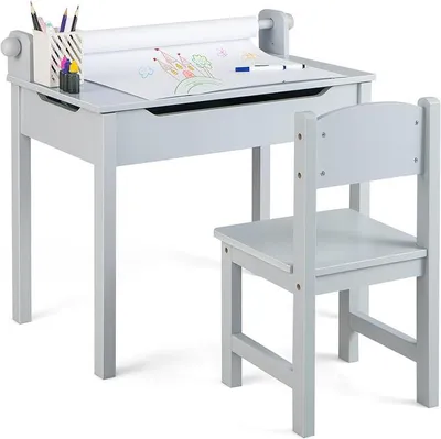 Produktbild von Schreibtisch Kinder mit Stuhl, Kinderschreibtisch mit Papierrolle & Marker, Kindersitzgruppe mit klappbarer Tischplatte, Jugendschreibtisch mit Stauraum für Kinder ab 3 Jahren (Grau)