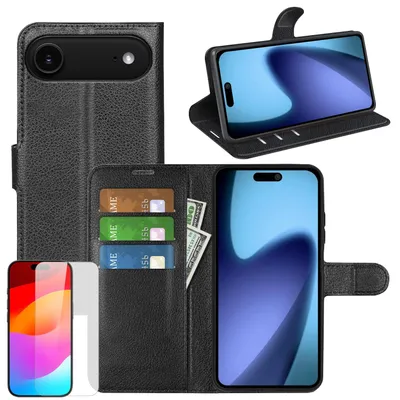 Image de Pour Apple iPhone 17 Air Etui Book Wallet en similicuir noir + verre trempé 9H