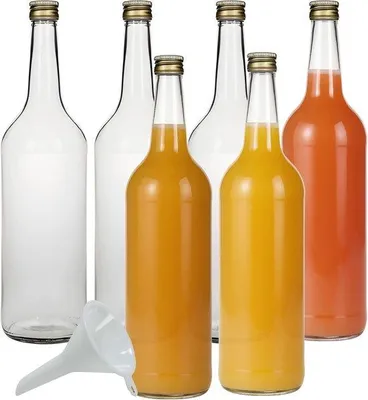 Zdjęcie produktu dla 6 szklanych butelek o pojemności 1000 ml, zestaw do przechowywania likierów, z lejkiem - zakrętką - przezroczyste szkło - idealne do likierów, ginów, soków - idealne na imprezy