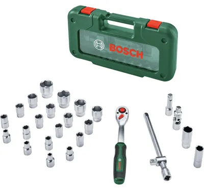 Image de Ensemble de clés à cliquet Bosch, 26 pièces, 1/2 pouce, cliquet à 72 dents (5°), couple maximal de 768 Nm, comprenant 19 douilles