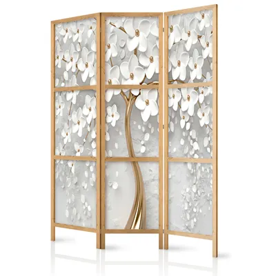 Produktbild von Paravent Blumen XXL 135x171 cm 3-teilig einseitig eleganter Sichtschutz Raumteiler Trennwand Raumtrenner Holz Design Motiv Deko Home Office Botanik Natur blühender Baum b-B-0475-bh-b