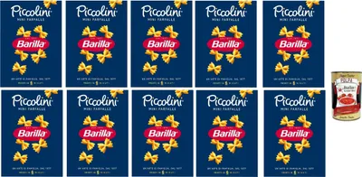 Produktbild von Barilla Piccolini Mini Farfalle – kleine Schmetterlings-Pasta für Kinder & schnelle Küche – Kochzeit 6 Min – 100% Hartweizengrieß – ideal für Saucen, Salate & Suppen 10x 500g + Italian Gourmet polpa