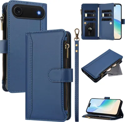 Produktbild von Handyhülle für iPhone Air Reißverschluss Geldbörse Kunstleder Klapphülle mit Kartensteckplatz, Ständer, Handschlaufe Dunkelblau