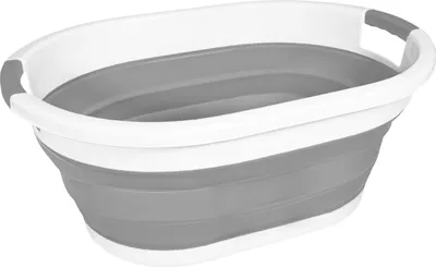 A collapsible laundry basket shown from a slightly elevated side angle against a white background.