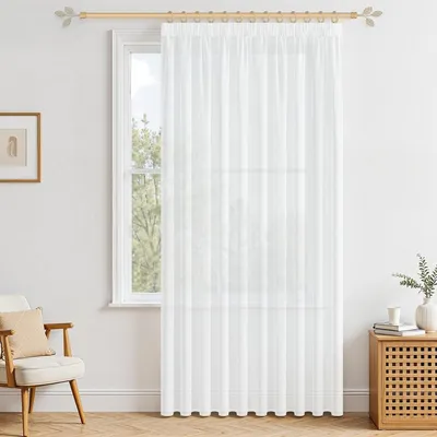 Image de Voilage - Voile semi-transparent - Blanc - 300 x 160 cm - Aspect lin - Bande à plis - Salon, chambre et cuisine