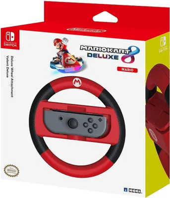 The image shows the packaging of a Mario Kart 8 Deluxe Racing Wheel for the Nintendo Switch.