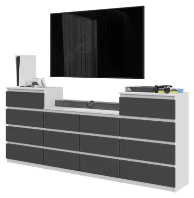 Produktbild von Kommodenset Weiß Matt / Anthrazit Grau mit 14 Schubladen (4+6+4) – Großes Sideboard Set für Schlafzimmer & Wohnzimmer – GABRIEL