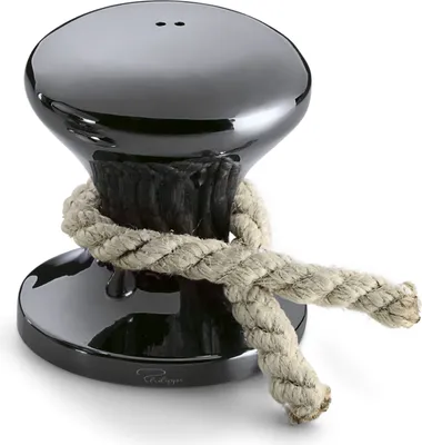 A black, glossy salt and pepper shaker set designed to look like a nautical bollard with a rope wrapped around it.