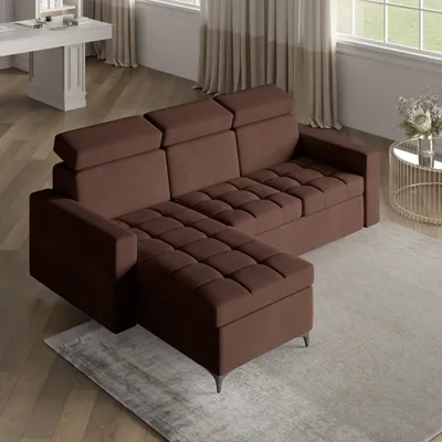 Zdjęcie produktu dla Masseno Narożnik KAME z funkcją spania i pojemnikiem na pościel Kształt L, Rozkładana sofa, Rogówka - Brązowy, KRONOS 06