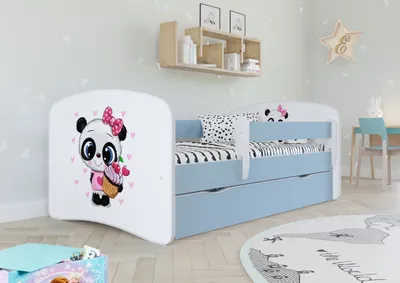 Produktbild von Kinderbett Jugendbett 70x140 cm Blau mit Matratze Rausfallschutz Schublade und Lattenrost Kinderbetten für Mädchen und Junge - Panda