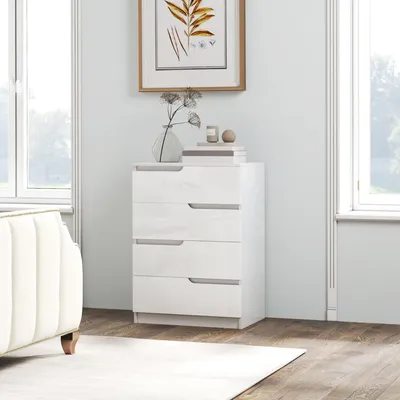 Produktbild von SUGIFT Kommode 4 Schubladen Hochglanz, Schubladenschrank Spanplatte, versteckte Griffe, Weiß | 60x40x85 cm | 26 kg | Kippschutz