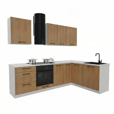 Obrázek produktu pro Rohová kuchyňská linka - 260x170 cm - Dub Hicora - 8 skříněk - s bílou pracovní deskou - moderní kuchyňský blok - BONO