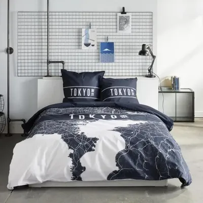 Image de Parure de lit - TODAY - JAVA - Taille du lit double - 240 x 220 cm - Coton - Motif Tokyo - Bleu foncé