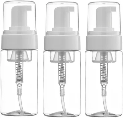 Produktbild von Set mit 3 leeren, transparenten 100-ml-Seifenspendern aus Kunststoff mit Zerstäuber für Seife, Schaum und Badelotion