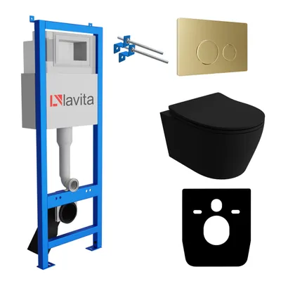 Produktbild von Lavita LAV 101 Vorwandelement für WC 40cm + Wand Hänge Tiefspül WC PRAIA Schwarz Spülrandlos + Bedienplatte LAV 200.4.5 Gold | Komplettset | Unterputz Spülkasten | Toilette Komplett Sett