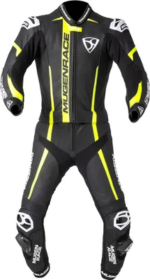 Image de MUGENRACE Mucho Combinaison cuir moto 2 pièces, noir/blanc/jaune fluo, 52