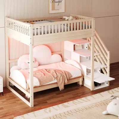 Produktbild von STILVORA Hochbett 140 x 200 mit Matratze Bettgestell mit Sicherheitsleiter Sicherheitsgeländer und LED Lichtleiste, Kinderbett mit Stauraumtreppe Weiß